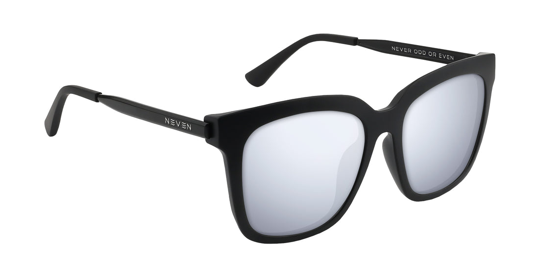 Close-up of Lido prescription sunglasses showcasing matte black square frame, mirrored lenses and NEVEN logo on temple with white background