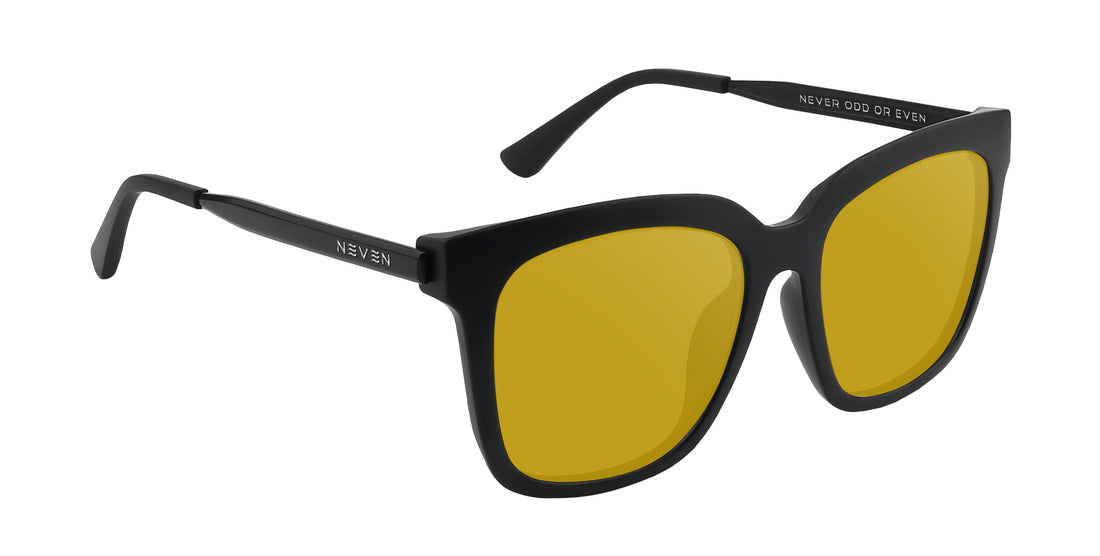 three-quarter view of Lido prescription sunglasses showcasing matte black frames and yellow lenses on white background