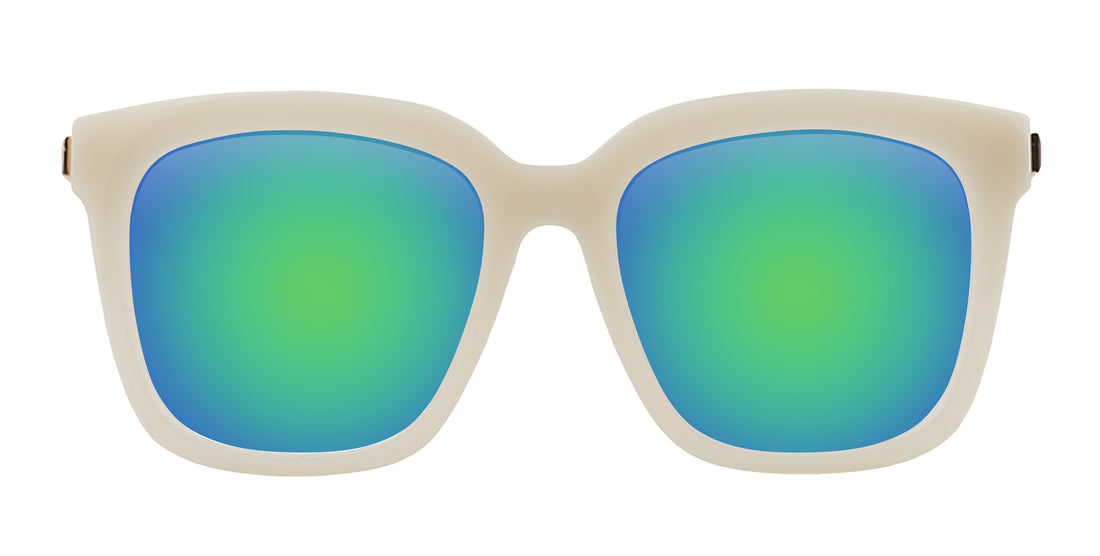 Front close-up of Sand Dollar sunglasses showcasing milky greige frames, green-blue lenses, and gold engraved arms on white