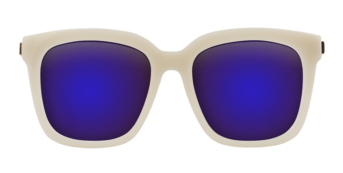 Front close-up of Sand Dollar sunglasses showcasing milky greige frame and purple mirrored lenses on a white background