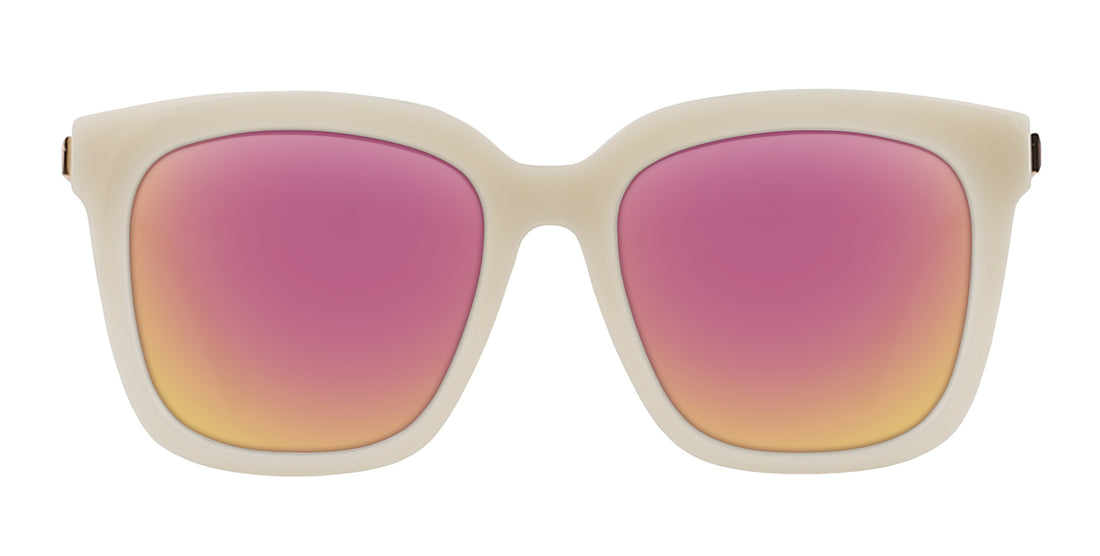 Front view of Sand Dollar Prescription sunglasses with oversized milky white greige frames and rose pink mirrored lenses