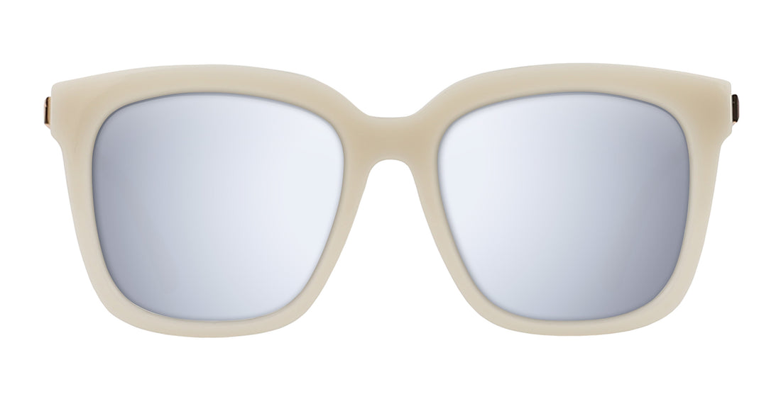 Front view of Sand Dollar Prescription sunglasses with oversized milky white greige frames and silver mirrored lenses