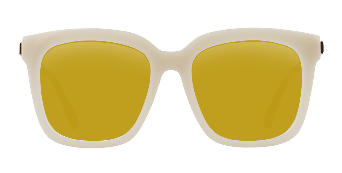 Front close-up of Sand Dollar sunglasses showing oversized milky white greige frame, gold arms and yellow lenses