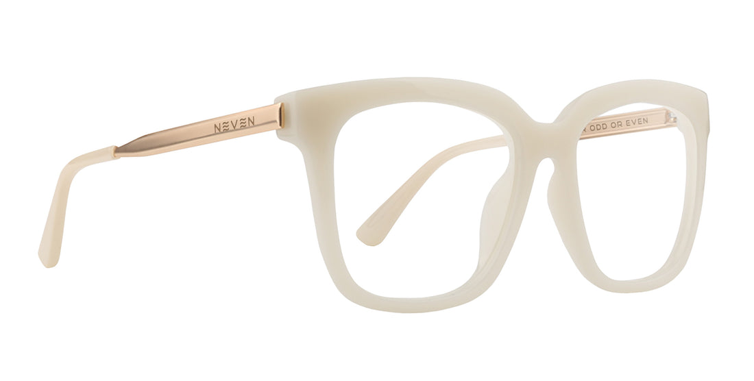Three quarter view of Sand Dollar eyeglasses with oversized milky white greige frames, gold metal arms, and NEVEN engraving