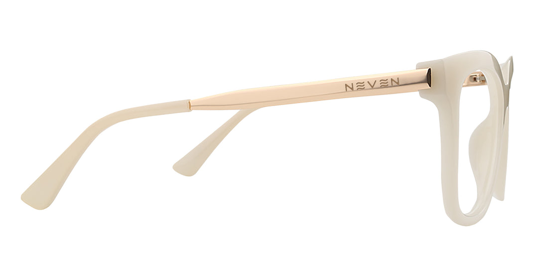 Side view of Sand Dollar frame with milky white greige color and gold metal temple engraved NEVEN on white background