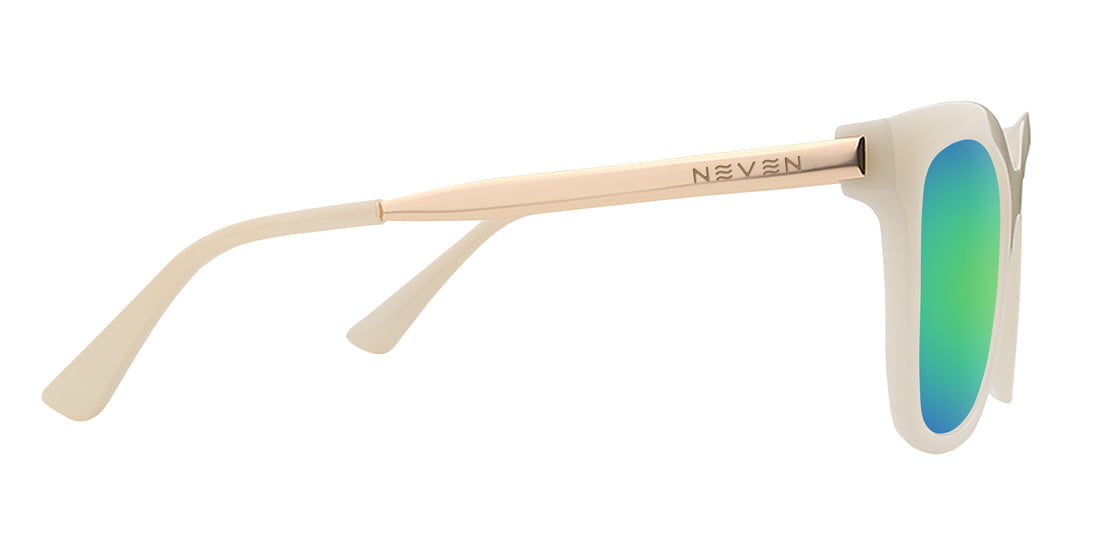 Side close-up of Sand Dollar sunglasses with gold engraved arms, milky greige frame and green-blue mirrored lens