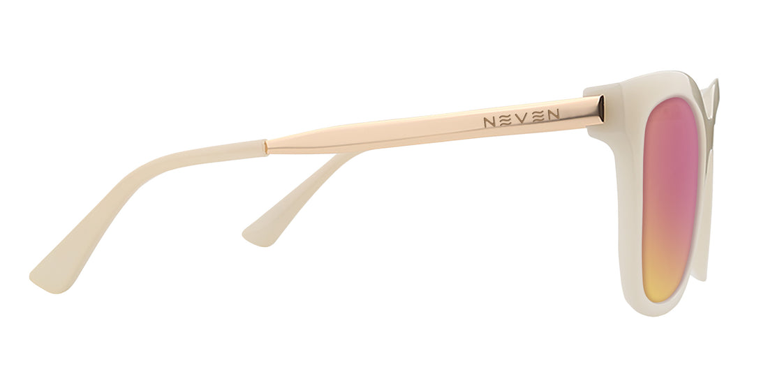 Side view of Sand Dollar sunglasses showing gold temple engraved NEVEN, milky white‑greige frame and rose‑pink mirrored lens on white