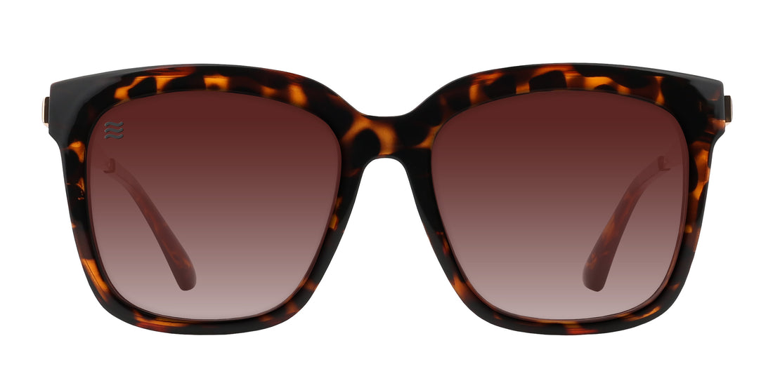 Front close-up of Sarasota sunglasses showing glossy tortoise shell frame, brown gradient polarized lenses, and gold metal temples