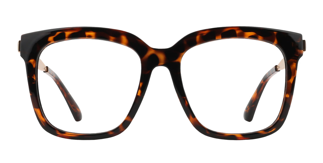 Front view of Sarasota prescription sunglasses showcasing a glossy tortoise shell square frame with clear lenses on a white background
