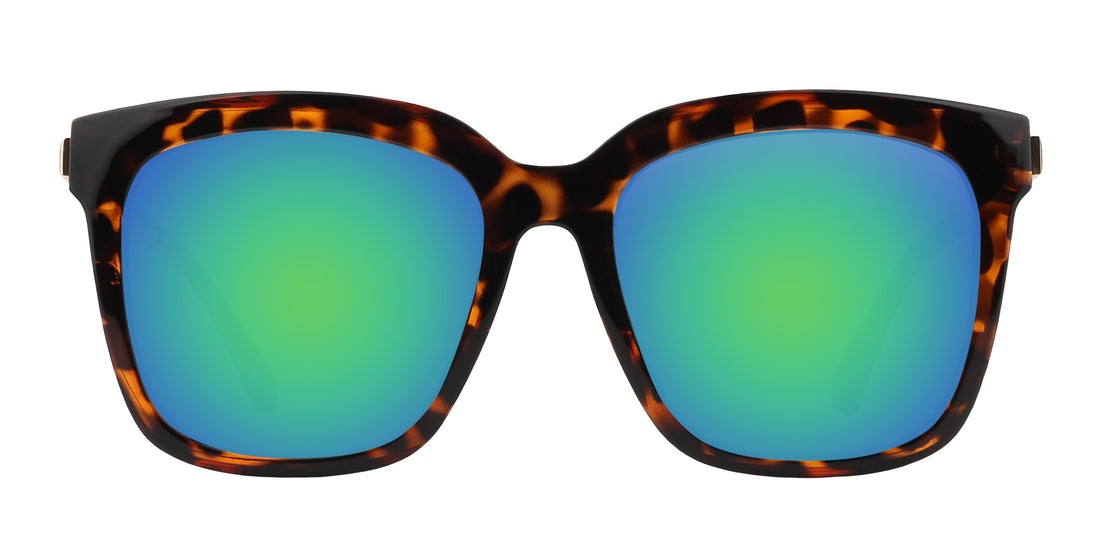 Front view of Sarasota prescription sunglasses showcasing tortoise shell frame and blue-green lenses on white background