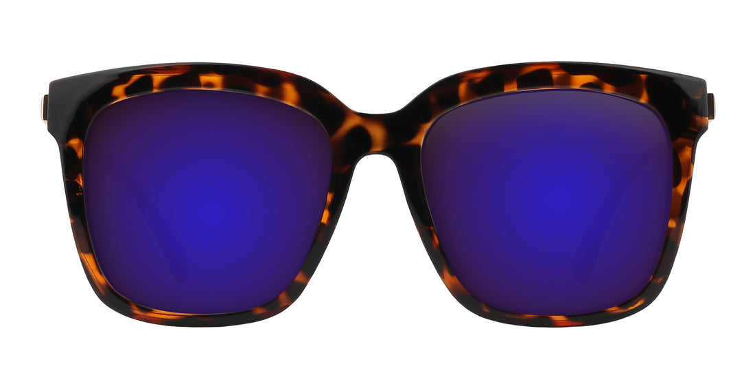 Front view of Sarasota prescription sunglasses showcasing a glossy tortoise shell frame and purple lenses on a white background