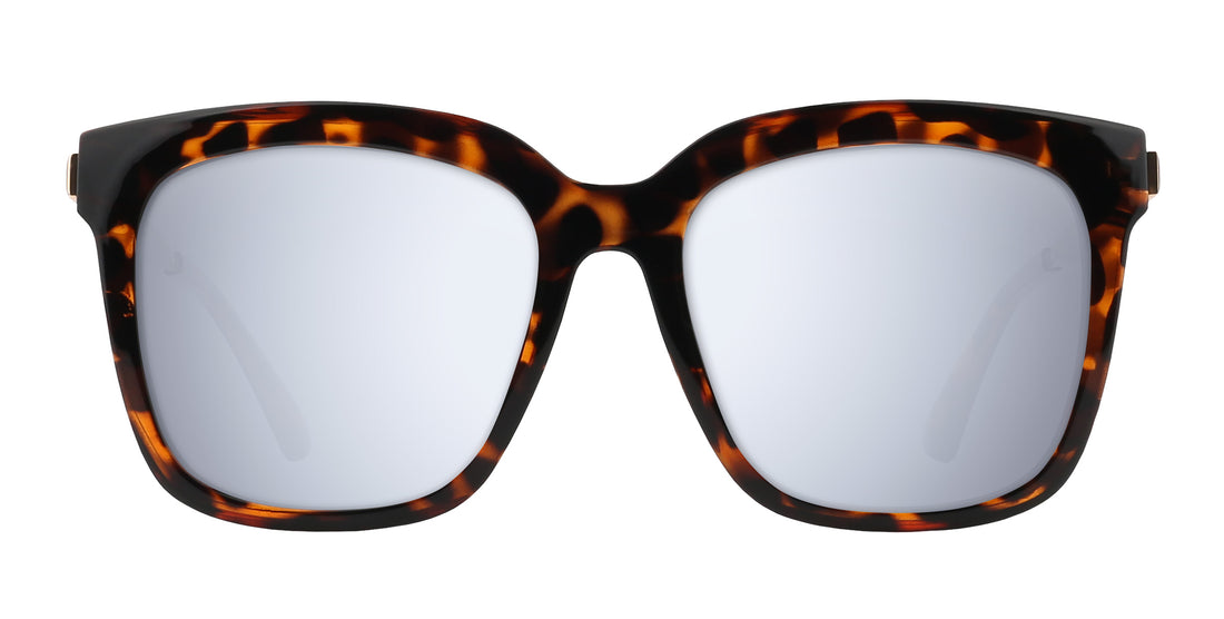 Front view of Sarasota prescription sunglasses showcasing a glossy tortoise shell square frame with silver lenses