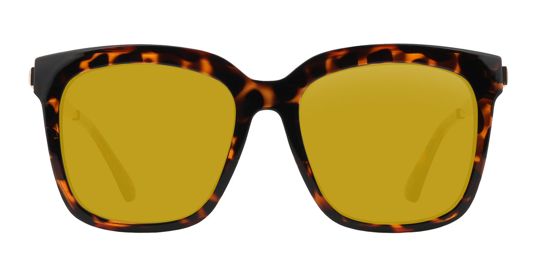 Front view of Sarasota prescription sunglasses showcasing glossy tortoise shell square frame and yellow lenses on white background