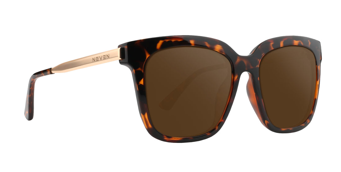 Front view of Sarasota prescription sunglasses showcasing glossy tortoise shell frame and gold metal temples on white background