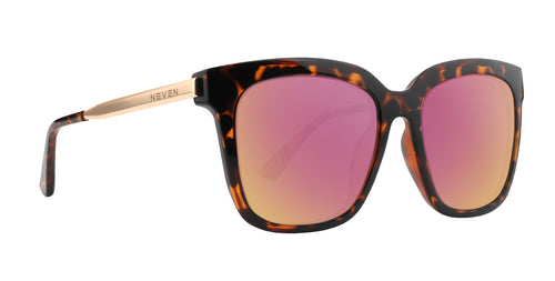 Sarasota tortoiseshell square polarized sunglasses with pink lenses.