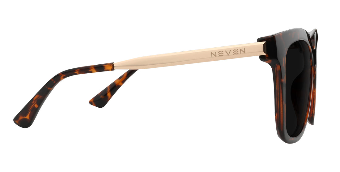 Side view of Sarasota prescription sunglasses with glossy tortoise shell square frames and gold temples on white background
