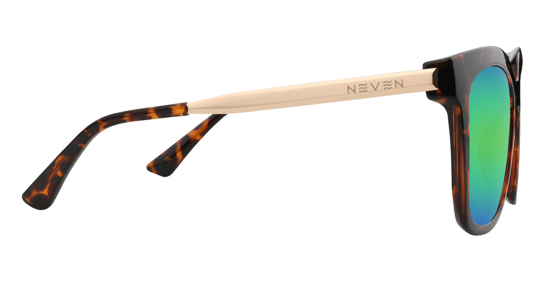 Side view of Sarasota prescription sunglasses showcasing tortoise shell frame, gold metal temples, and green lenses