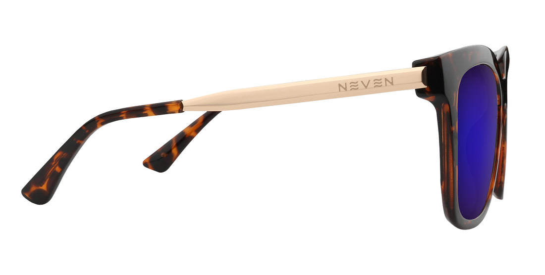 Side view of Sarasota prescription sunglasses showcasing glossy tortoise shell square frame, purple lenses, and gold metal temples