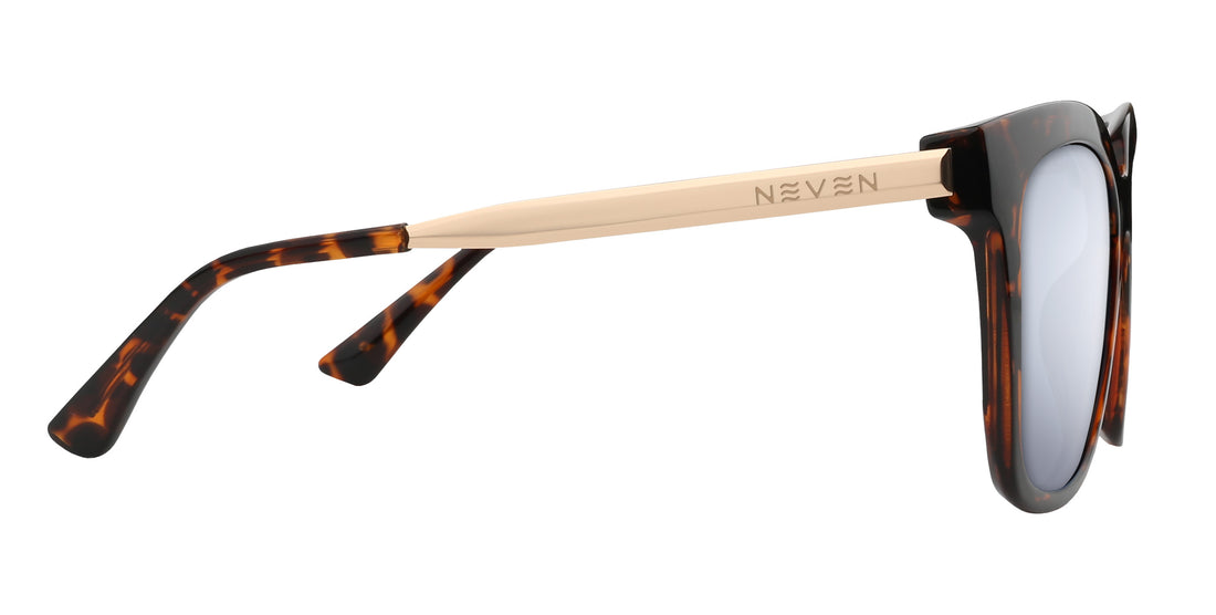 Side view of Sarasota prescription sunglasses showcasing glossy tortoise shell frame and gold NEVEN temple on white background