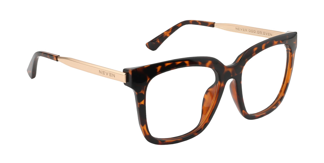 Three-quarter view of Sarasota prescription sunglasses with glossy tortoise shell square frames, clear lenses, and gold temples on white