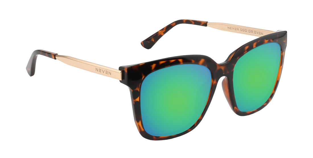 Front three quarter view of Sarasota prescription sunglasses with glossy tortoise frame, green lenses, and gold temples