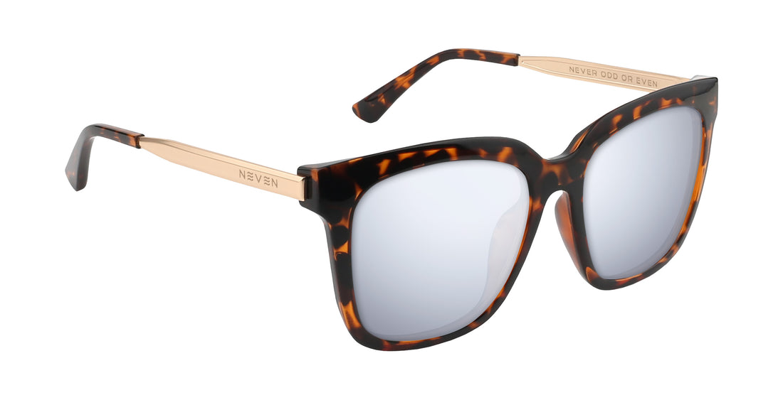 Three-quarter view of Sarasota prescription sunglasses showcasing a glossy tortoise shell square frame and gold temples