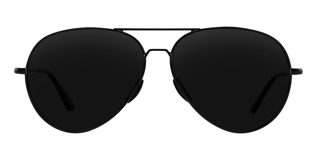 Front close-up of Burakkumetaru sunglasses showing brushed black metal frame, double bridge and embedded nose pads on white