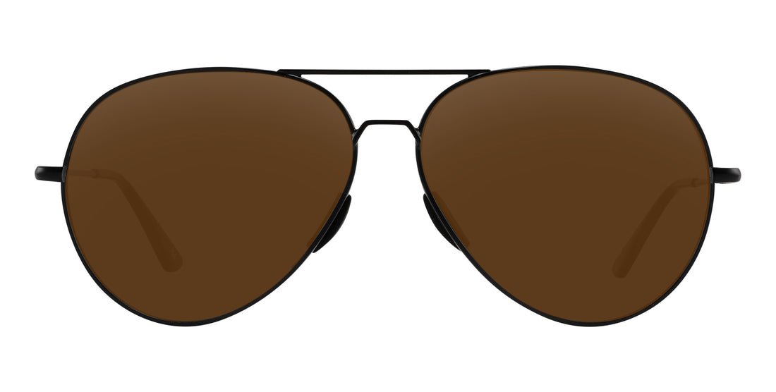 Front view of Burakkumetaru aviator sunglasses with black brushed metal frame and brown lenses on white background