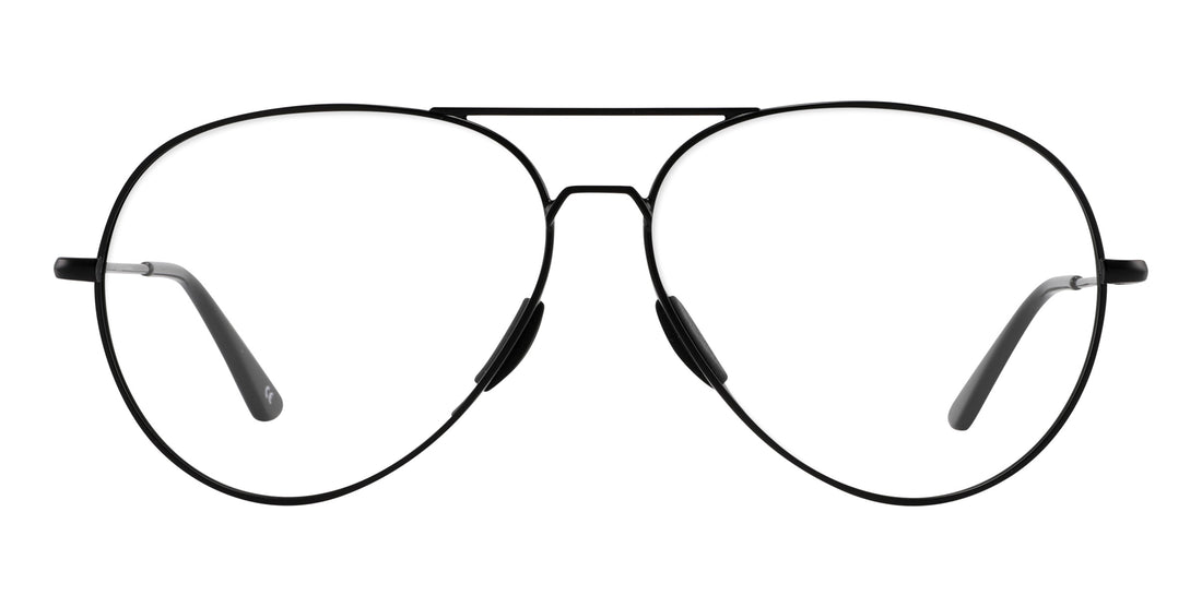 Front view of Burakkumetaru Rx aviator sunglasses with black metal double bridge and nose pads on white background