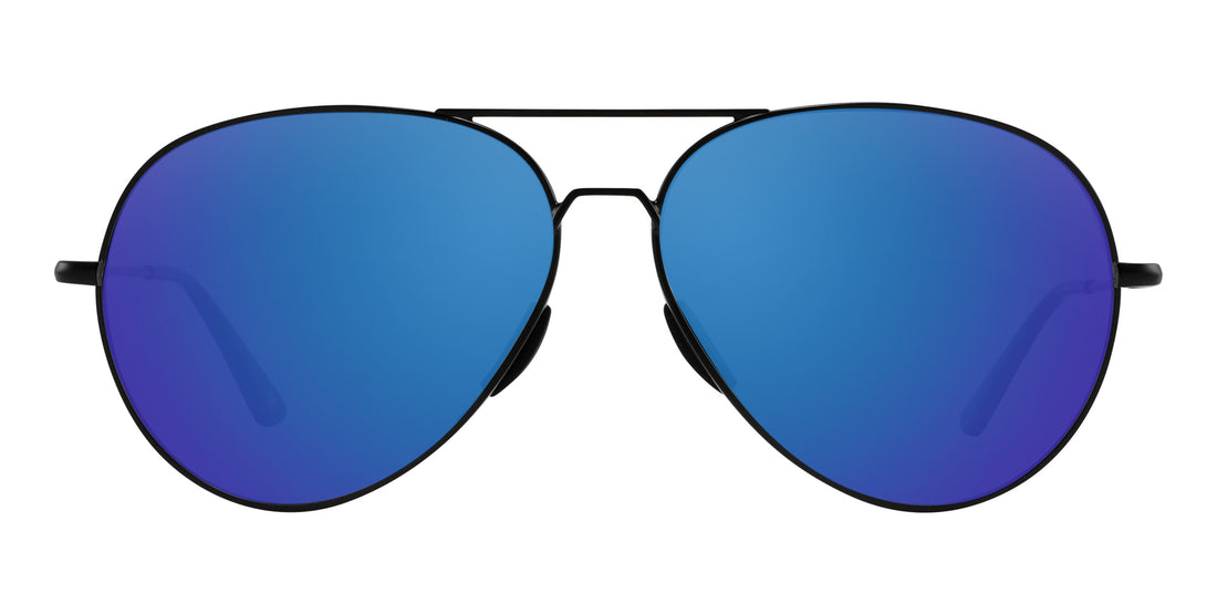 Front close-up of Burakkumetaru sunglasses showing black brushed metal aviator frame, nose pads and blue mirrored lenses
