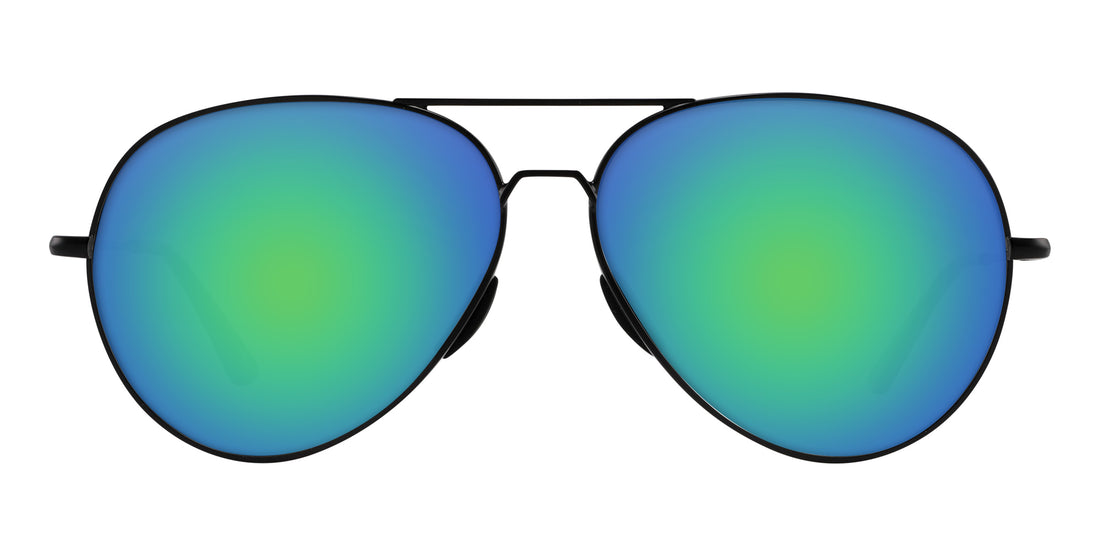 Front close-up of Burakkumetaru prescription sunglasses with green mirrored lenses and black metal frame on white background