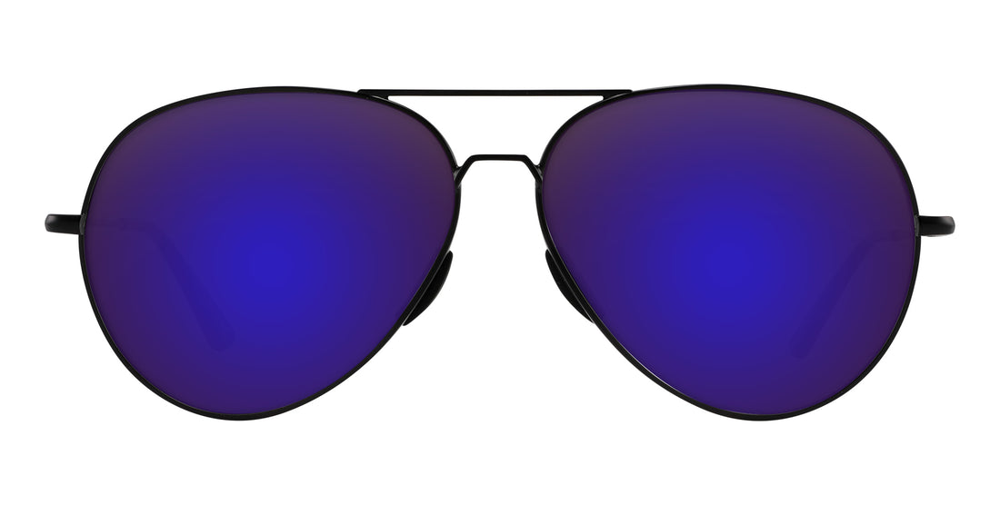 Close-up front of Burakkumetaru Rx sunglasses with purple mirrored lenses and black metal double bridge on white background