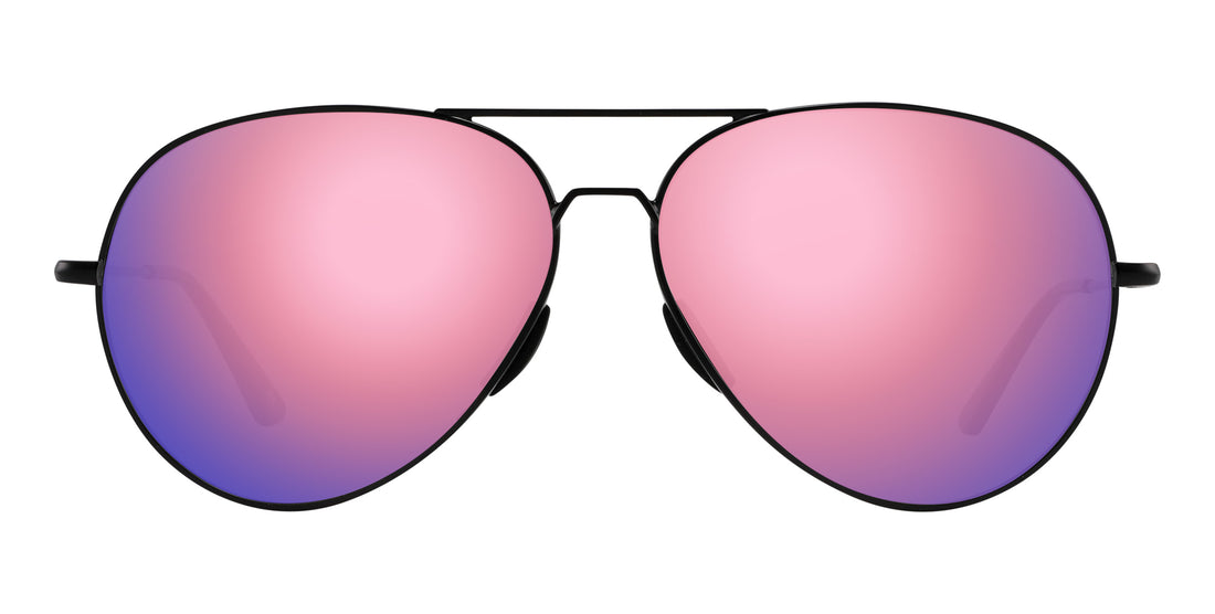 Close front view of Burakkumetaru sunglasses with pink-purple mirrored lenses and black double-bridge metal frame on white