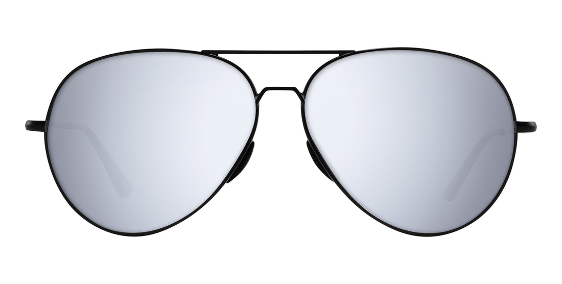 Front closeup of Burakkumetaru sunglasses with brushed black metal aviator frame and embedded nose pads on white background