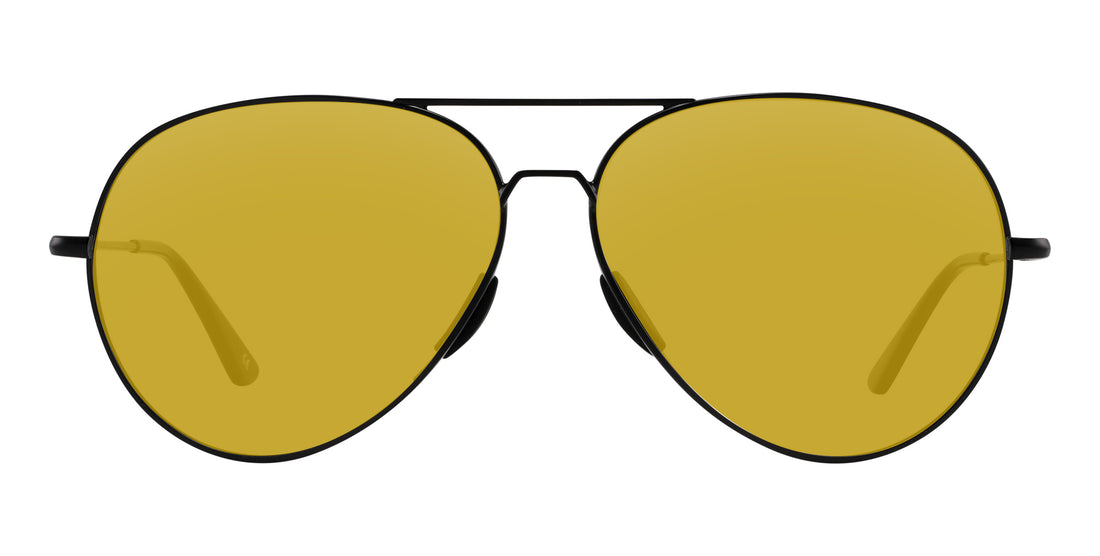 Front close-up of Burakkumetaru aviator sunglasses showing brushed black metal double bridge, embedded nose pads, and yellow lenses on white background