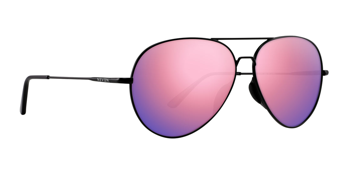 Right-side close-up of Burakkumetaru prescription aviator sunglasses showing black metal frame and pink-purple mirrored lenses on white background