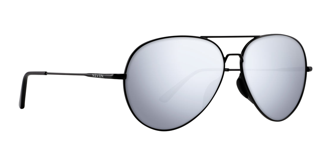 Right close-up of Burakkumetaru sunglasses, brushed black metal aviator frame, embedded nose pads, silver mirrored lenses