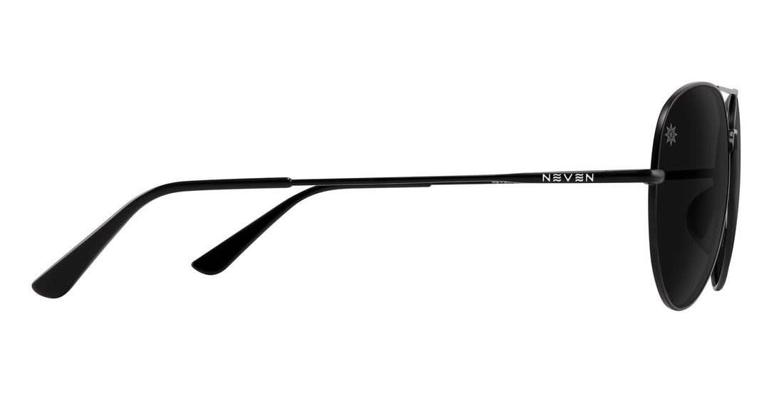 Side view of Burakkumetaru polarized sunglasses showcasing thin brushed black metal frames and black lenses on a white background