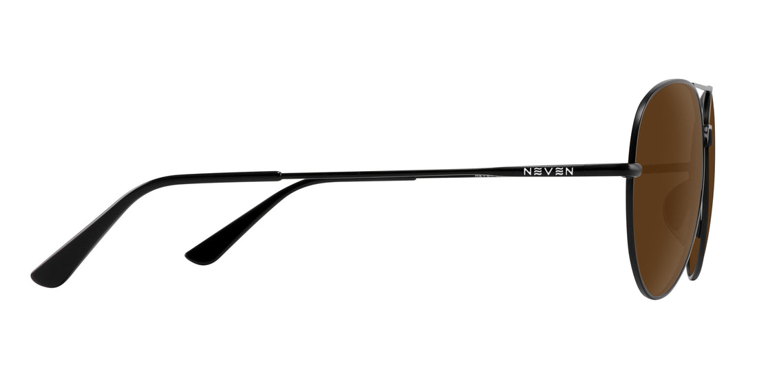 Right side view of Burakkumetaru sunglasses showing thin black metal temple with NEVEN logo and brown lens on white