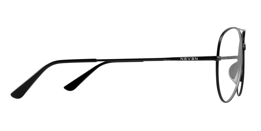 Side view of Burakkumetaru prescription sunglasses showcasing brushed black metal frame and thin temple with Neven logo on white background