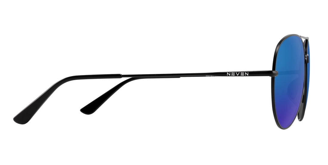 Side view of Burakkumetaru aviator sunglasses showing thin black metal temple with NEVEN logo and blue mirrored lens on white