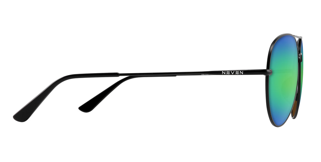 Side view of Burakkumetaru sunglasses with black metal frame, green-blue mirrored lenses and Neven logo on temple