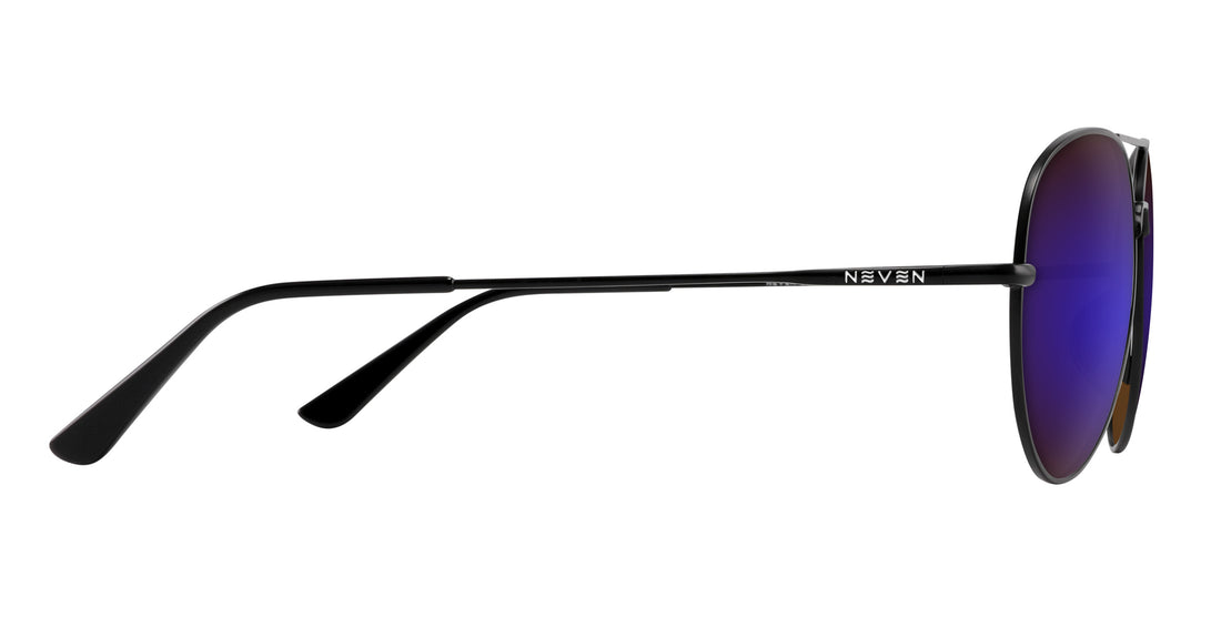 Side view of Burakkumetaru sunglasses showing thin black metal temple and purple mirrored lens on white background