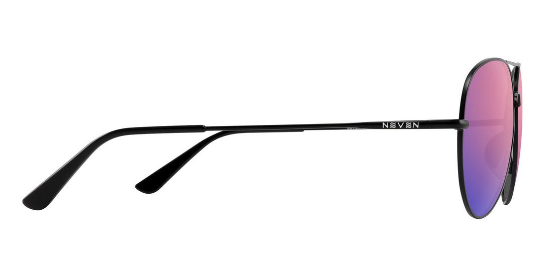 Side view of Burakkumetaru Rx sunglasses showing black metal temple with NEVEN logo and pink mirrored lens on white
