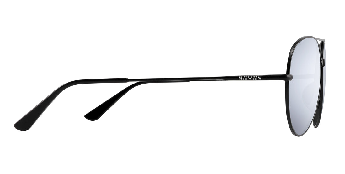 Side view of Burakkumetaru Rx aviator sunglasses showing thin black metal temple with Neven logo on white background