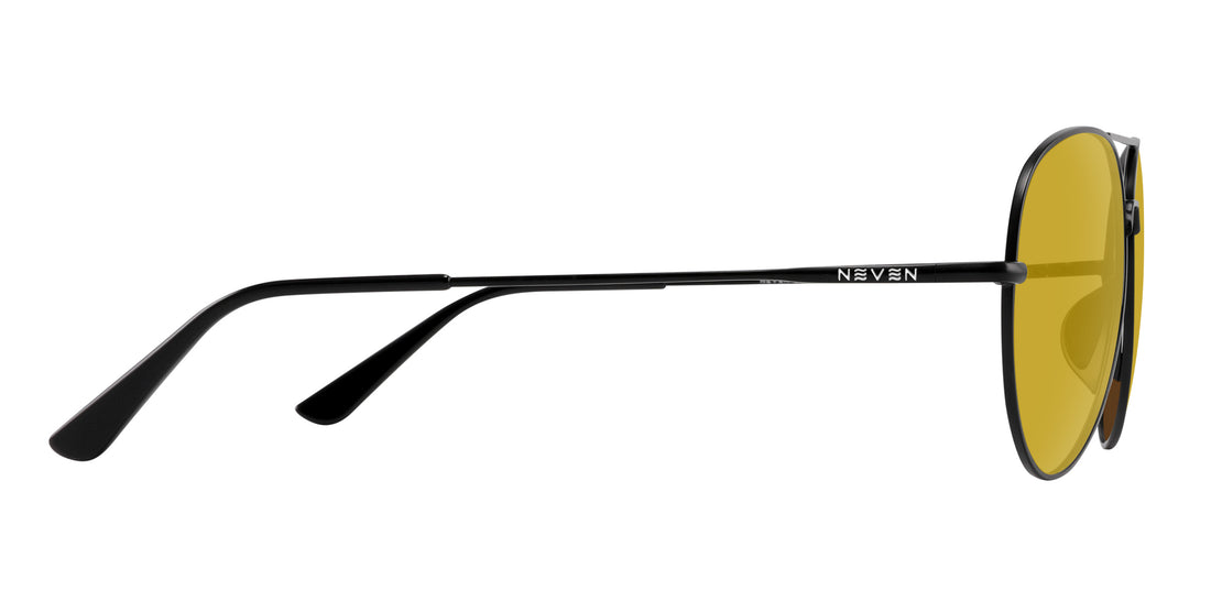 Right side view of Burakkumetaru sunglasses showing thin black metal temple with Neven logo and yellow lenses on white