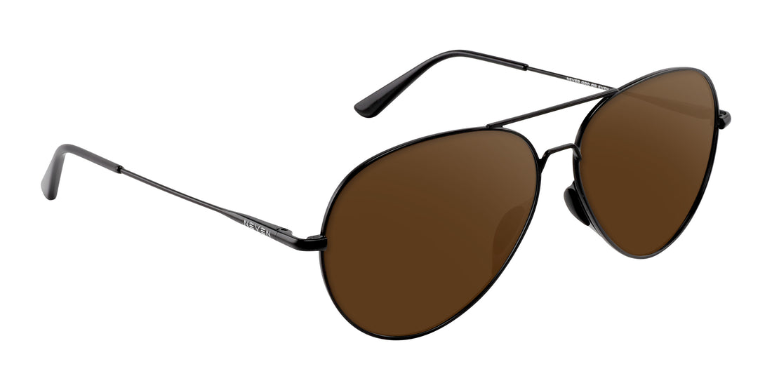 Close-up of Burakkumetaru aviator sunglasses with black brushed metal frames and brown prescription lenses on white