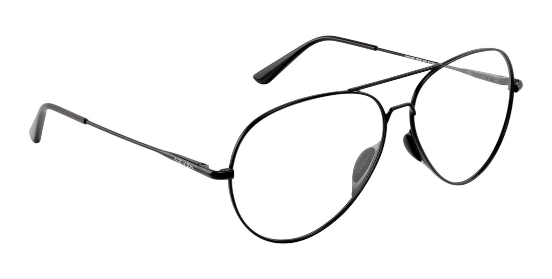 Close up angled view of Burakkumetaru aviator glasses showing black metal frame, embedded nose pads and clear lenses on white