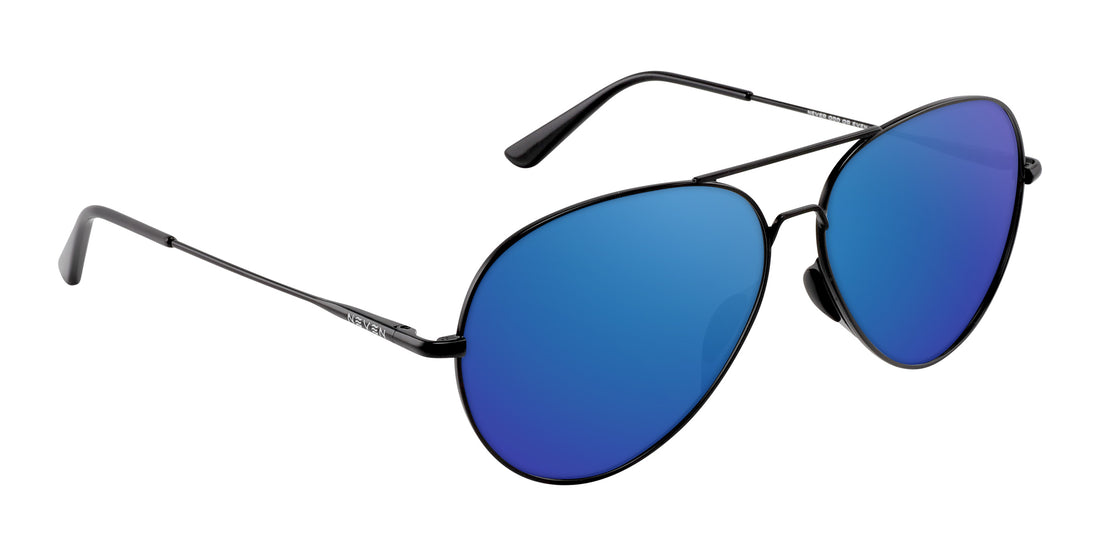 Angled close-up of Burakkumetaru Rx sunglasses showing black metal aviator frame and blue mirrored lenses on white background