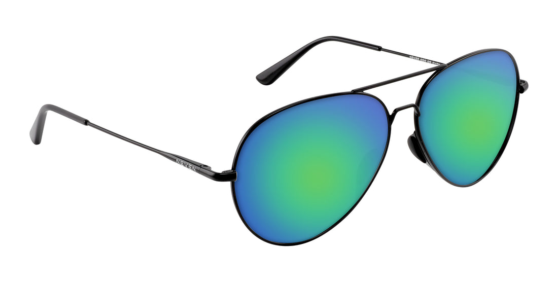 Three-quarter view of Burakkumetaru aviator sunglasses with black metal frame and green-blue mirrored lenses on white